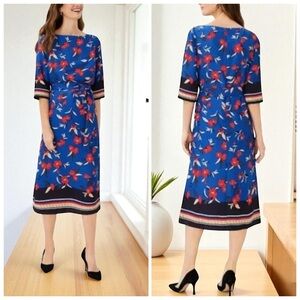 NEW. Red and Blue Sheath Midi Dress with Bateau Neckline